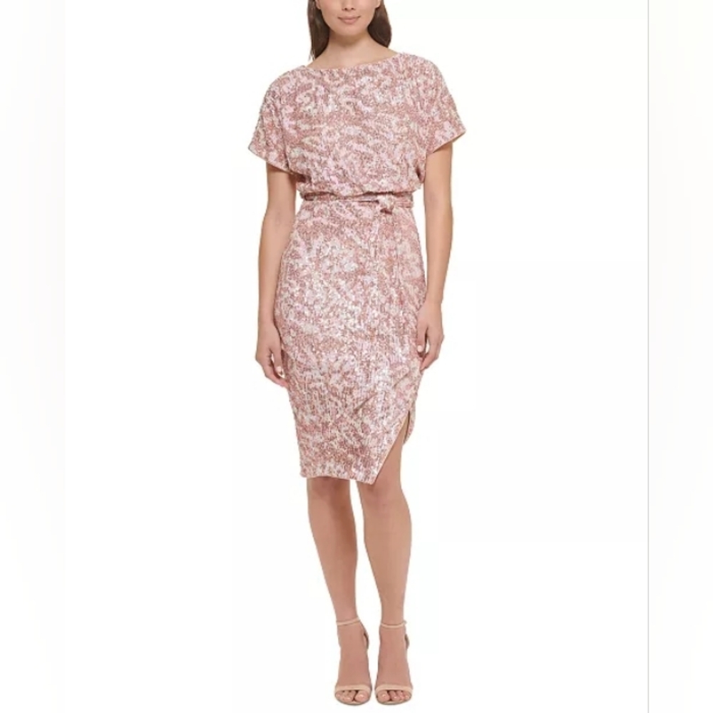 NWT Kensie Sequin Boat-Neck Tie-Waist Sheath Dress